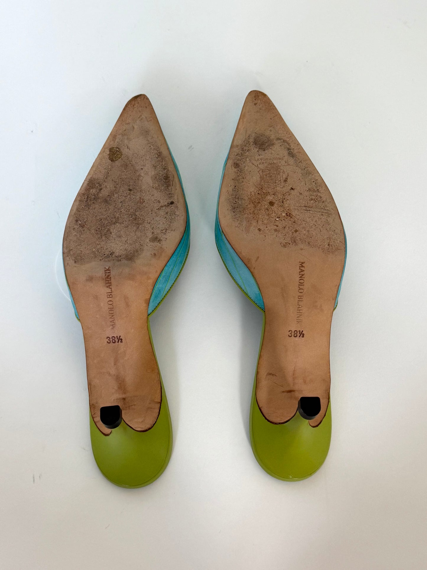 Manolo Blahnik Satin Teal Sneaker Mules (IT38.5 / US7-7.5)