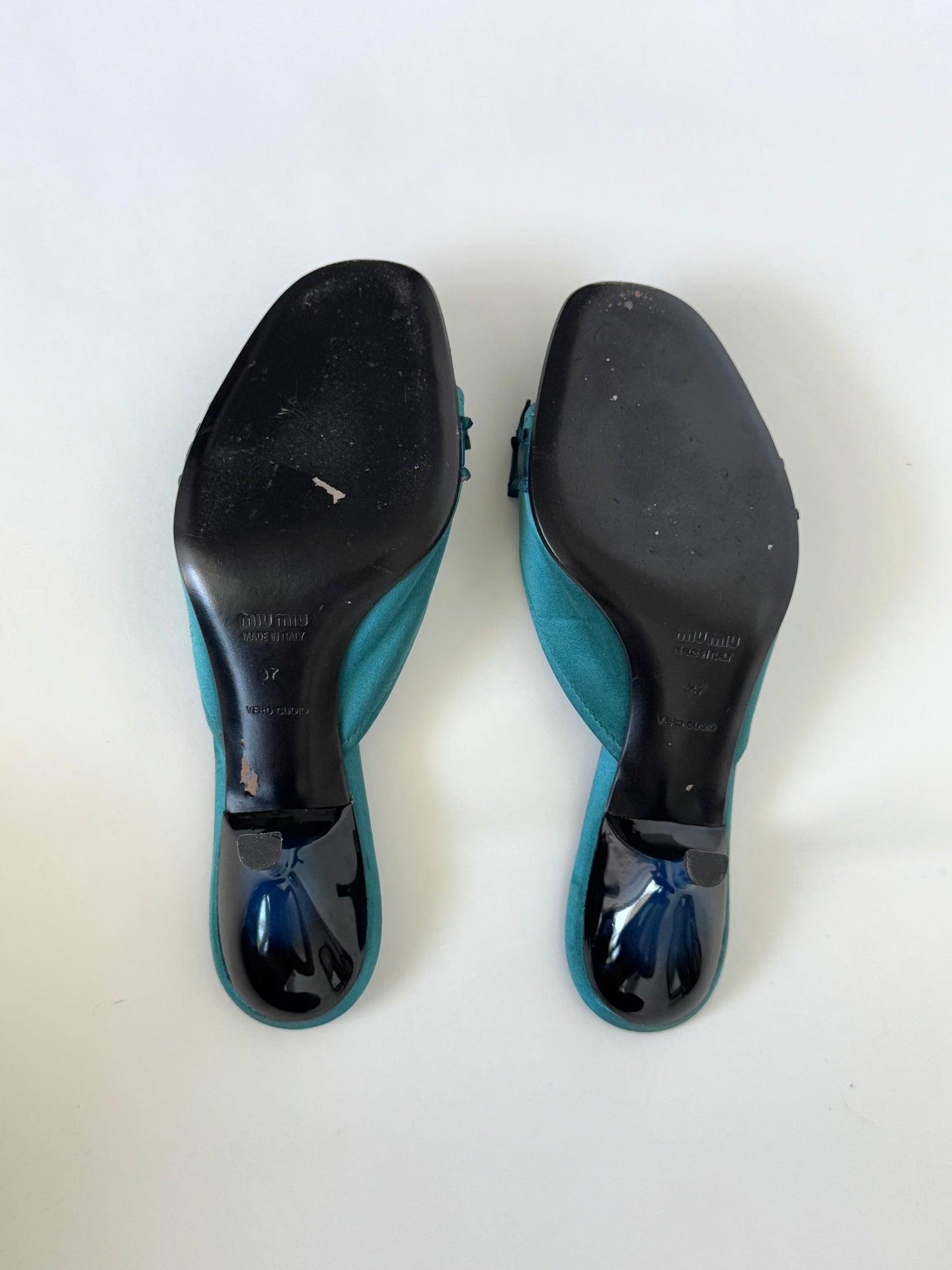 Miu Miu Teal Satin Slides (IT37 / US6.5-7)