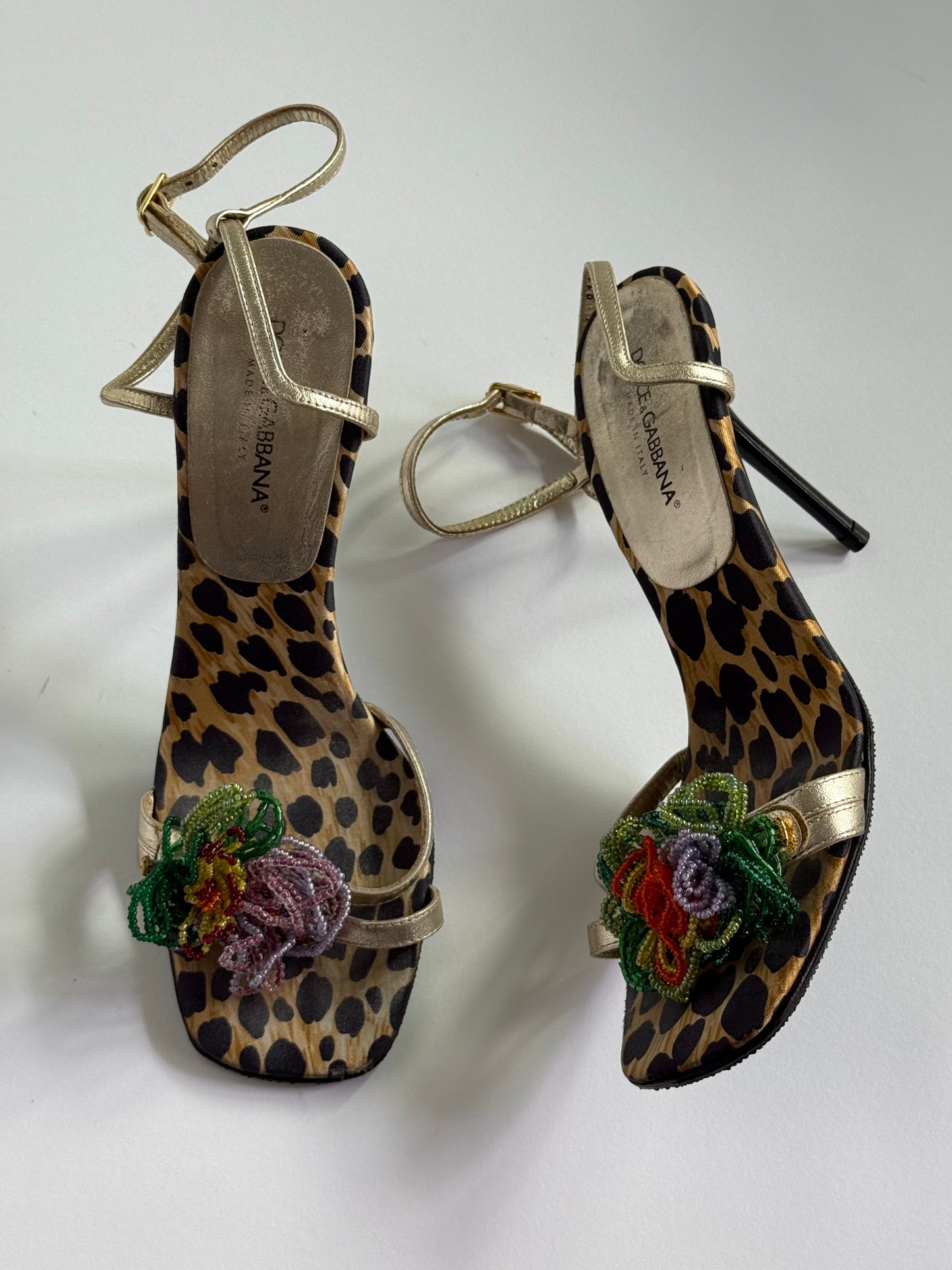 Dolce & Gabbana Cheetah Print Silk Beaded Flower Heels (IT37 / US7-7.5)