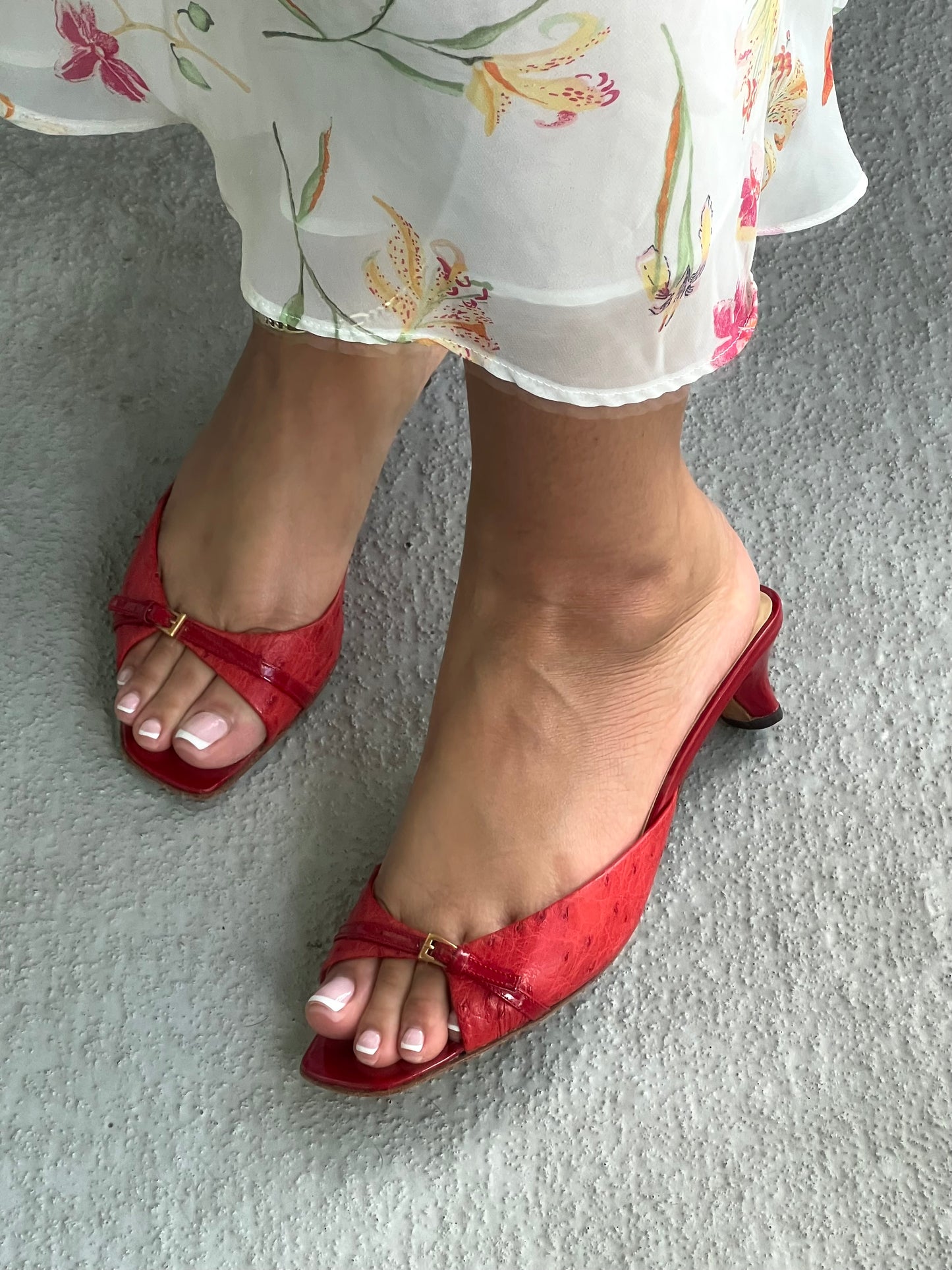 Prada Ostrich Buckle Red Slides