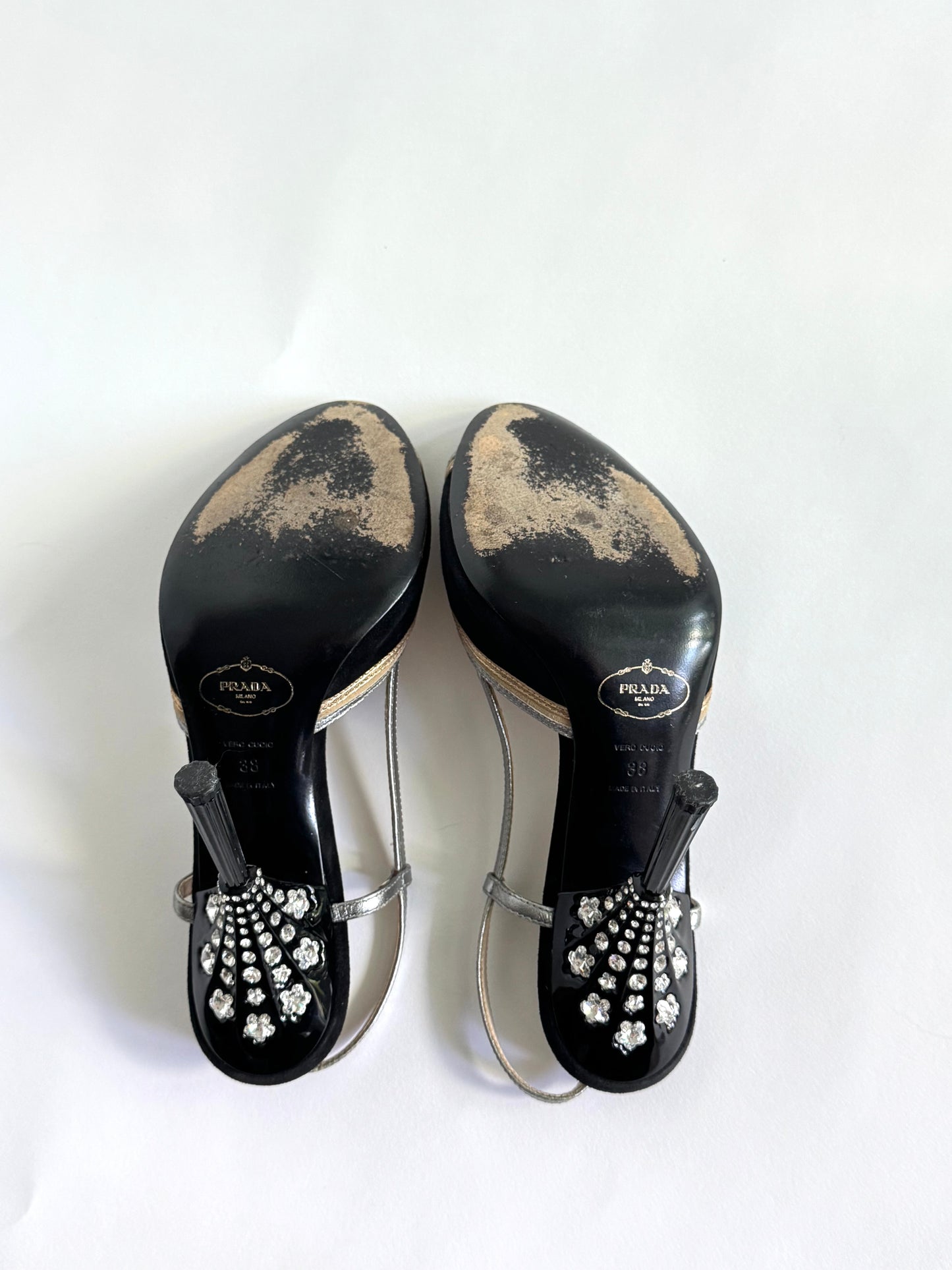 2000s Prada Silver and Gold Bow Slingbacks (IT38 / US7-7.5)