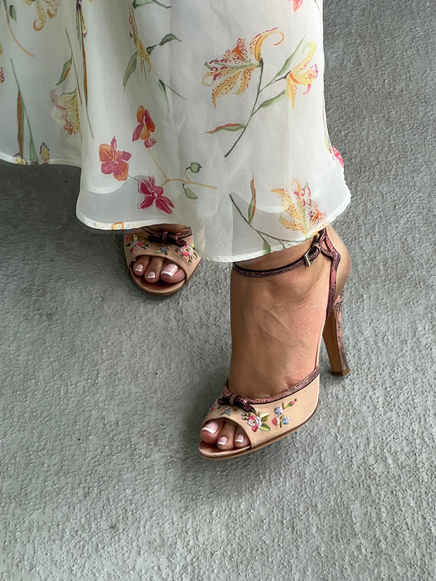 Prada Satin Beige Embroidered Flower Snakeskin Bow Sandals (IT39 / US8.5-9)