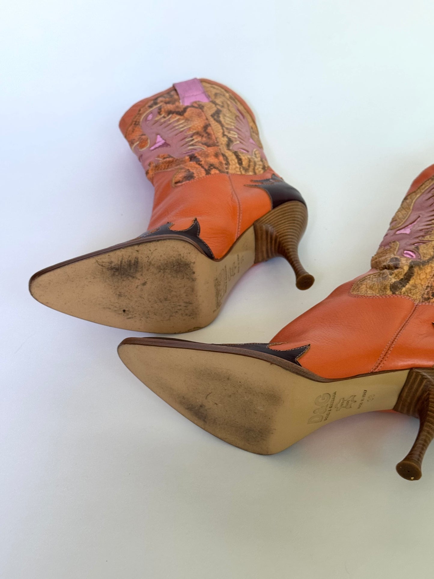 SS2004 D&G Snakeskin and Leather Orange/ Metallic Butterfly Cowboy Boots (IT38 / US7.5-8)