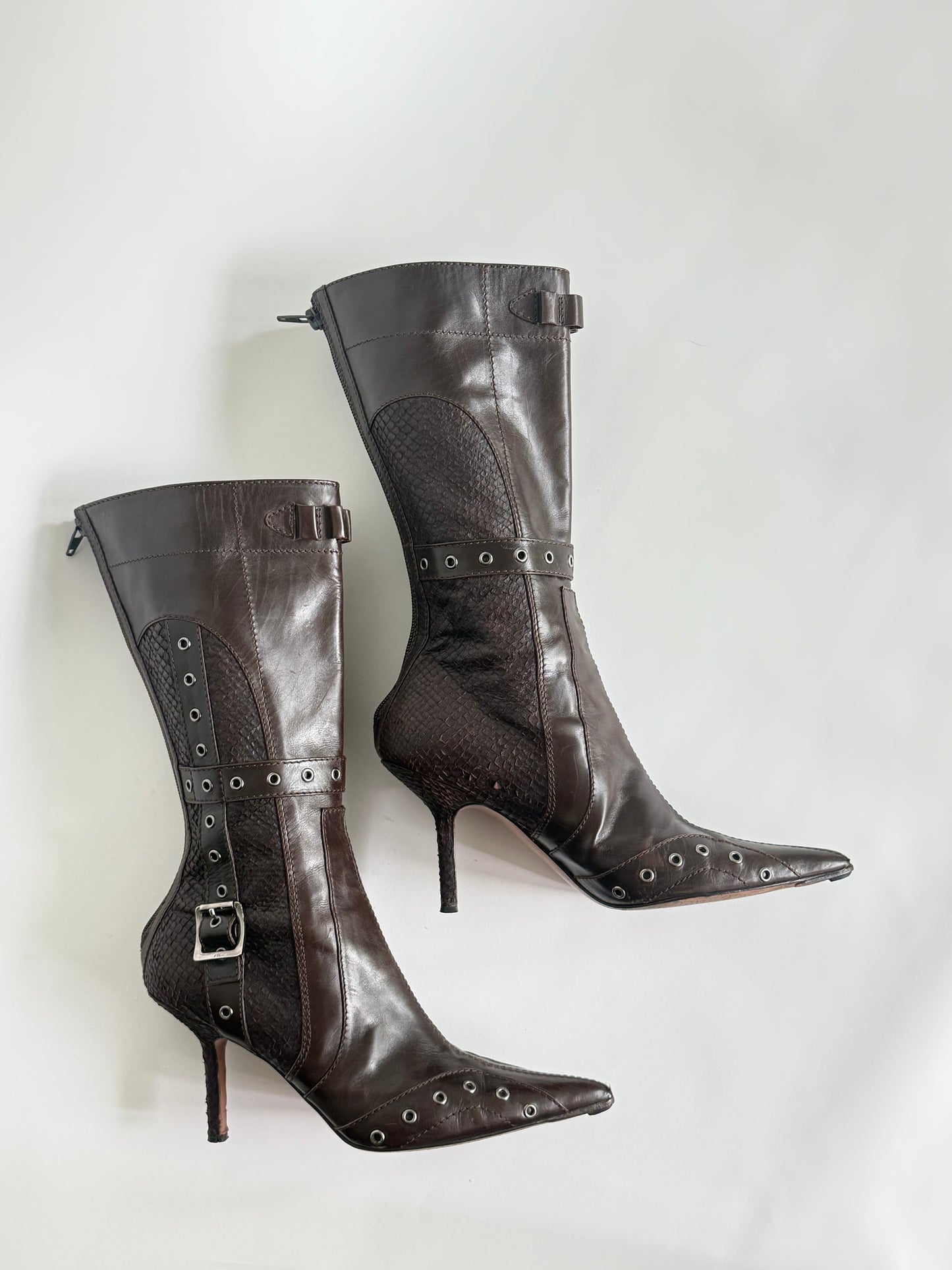 Christian Dior Brown Leather Snakeskin Mid-Calf Boots (IT37.5 / US7-7.5)