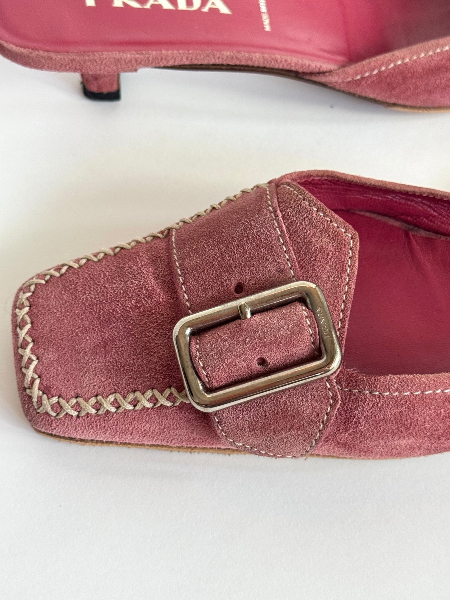 Prada Pink Suede Buckle Mules (IT36.5 / US6-6.5)