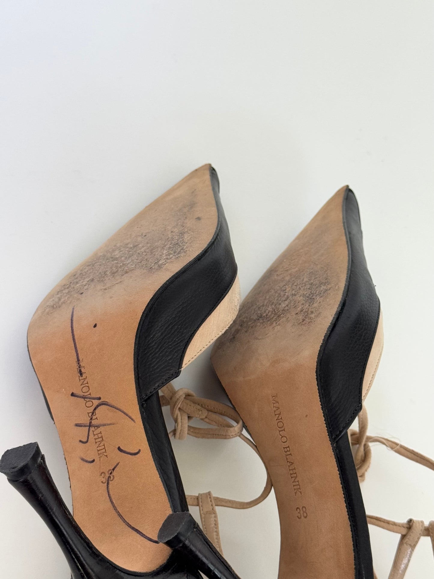 Manolo Blahnik Black and Beige Cross Stitched D'Orsay Pumps (IT38 / US8-8.5)