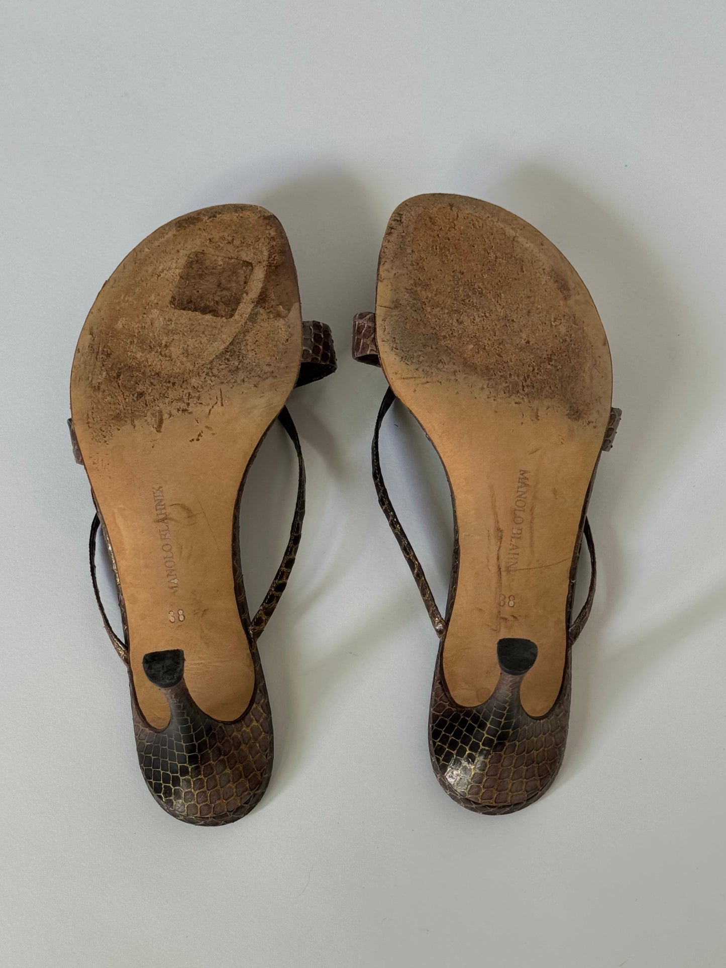 Manolo Blahnik Snakeskin Metallic Brown T-Strap Sandals (IT38 / US7-7.5)