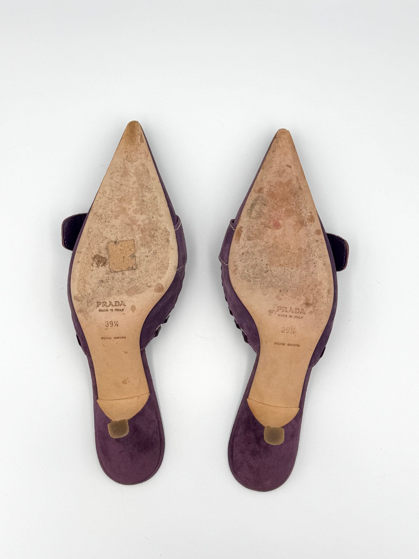 Prada Purple Suede Buckle Mules (IT39 / US8.5-9)
