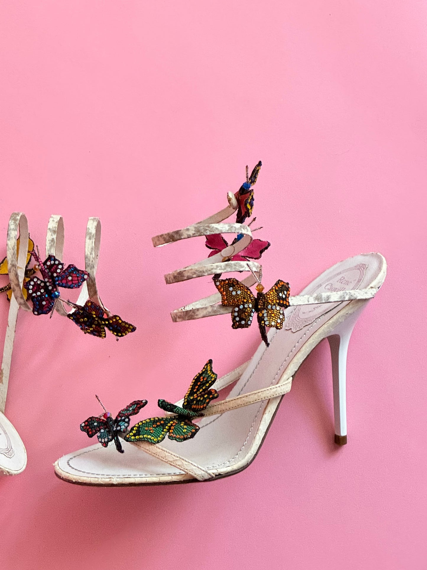 René Caovilla Butterfly Crystal Embellished Snakeskin Sandals (IT38 / US7.5-8)