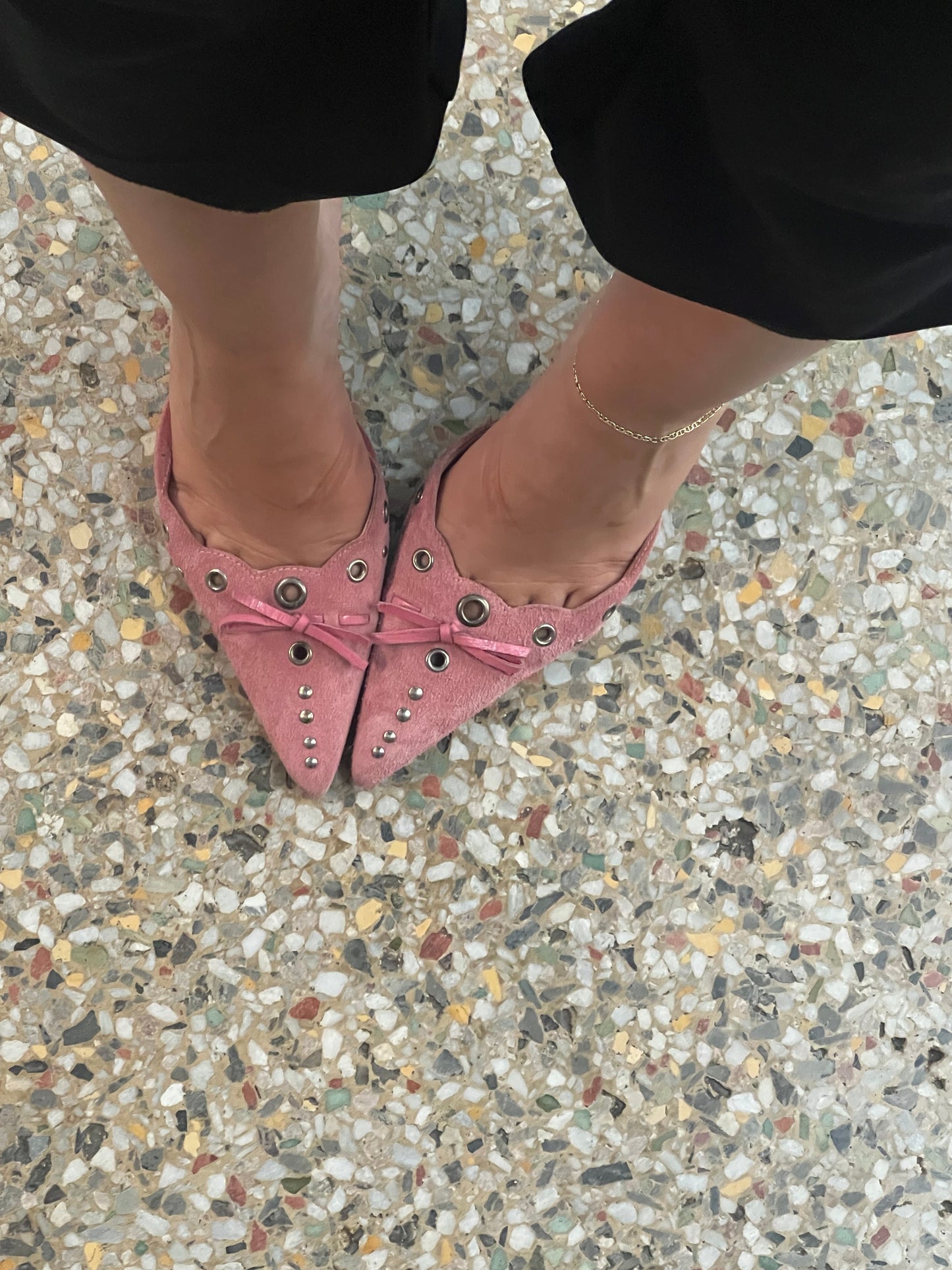 Prada Pink Suede Eyelit Bow Mules (IT38.5 / US7.5-8)