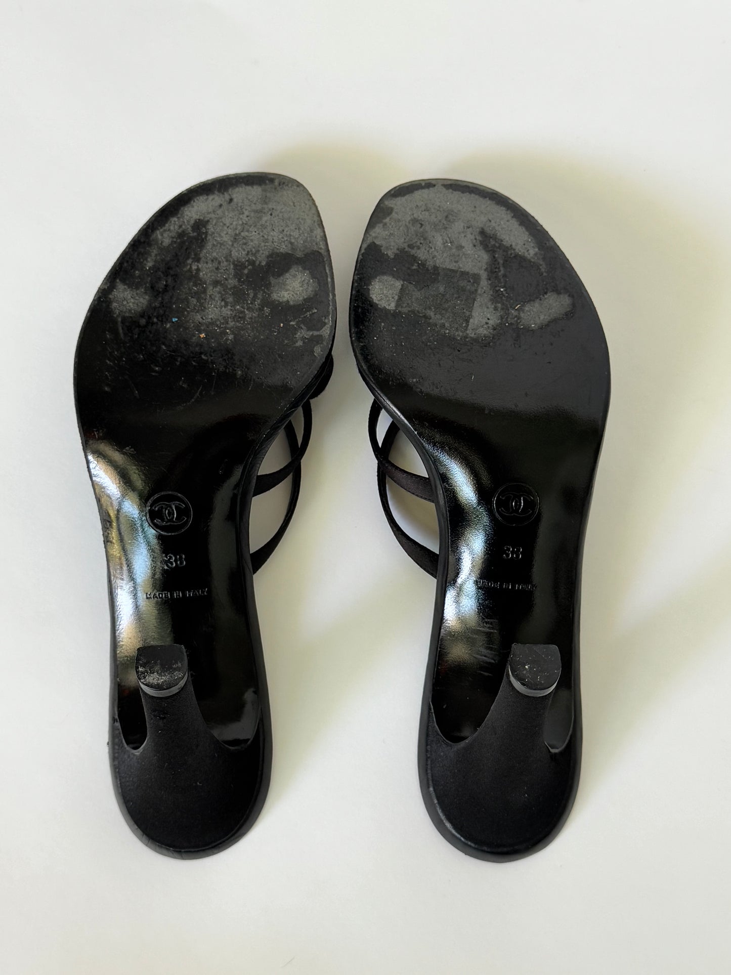 CHANEL Black Satin Rhinestone CC Slides (IT38 / US7-7.5)