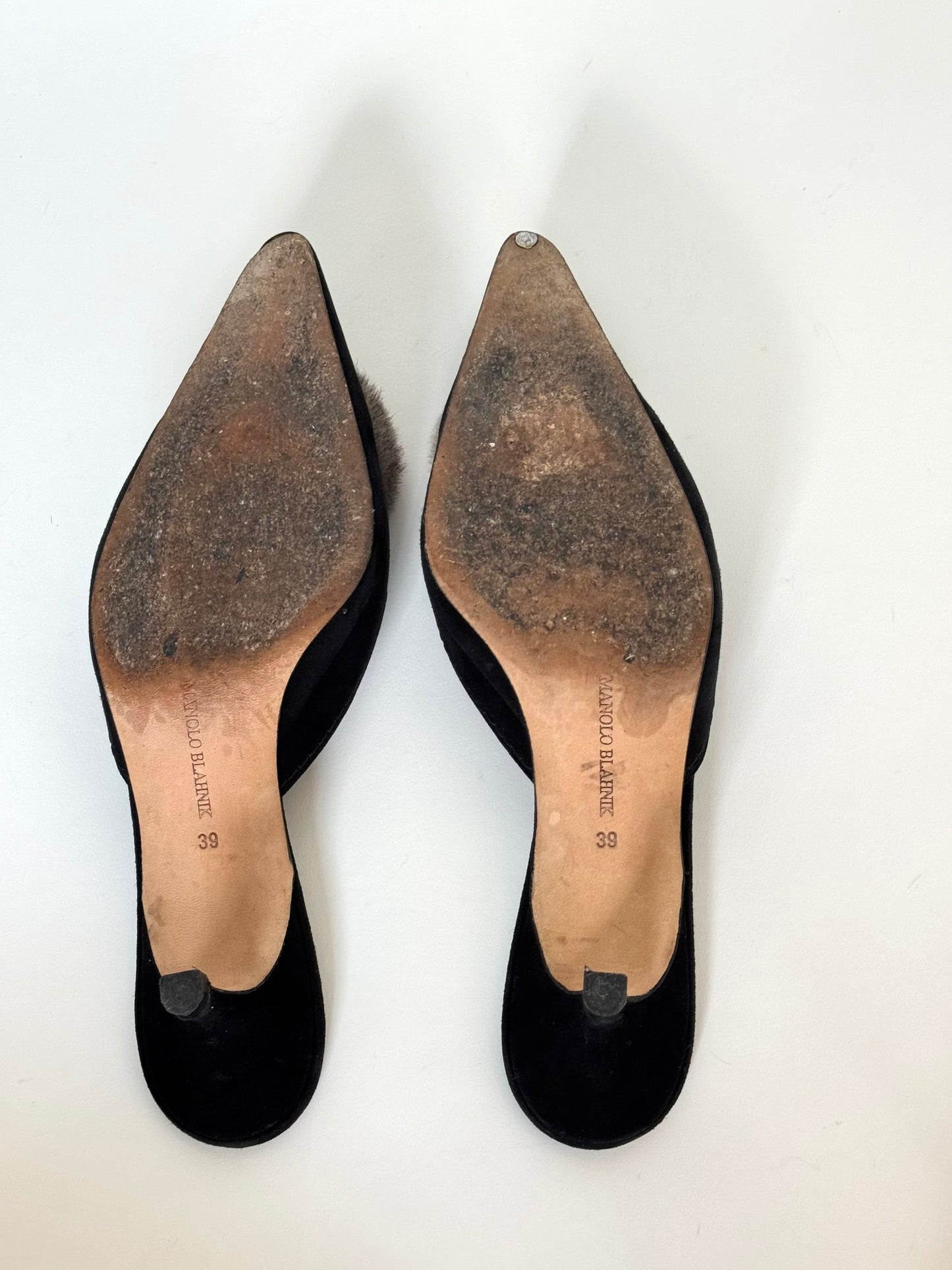 Manolo Blahnik Black Suede Fur Rose Mules (IT39 / US7.5-8)