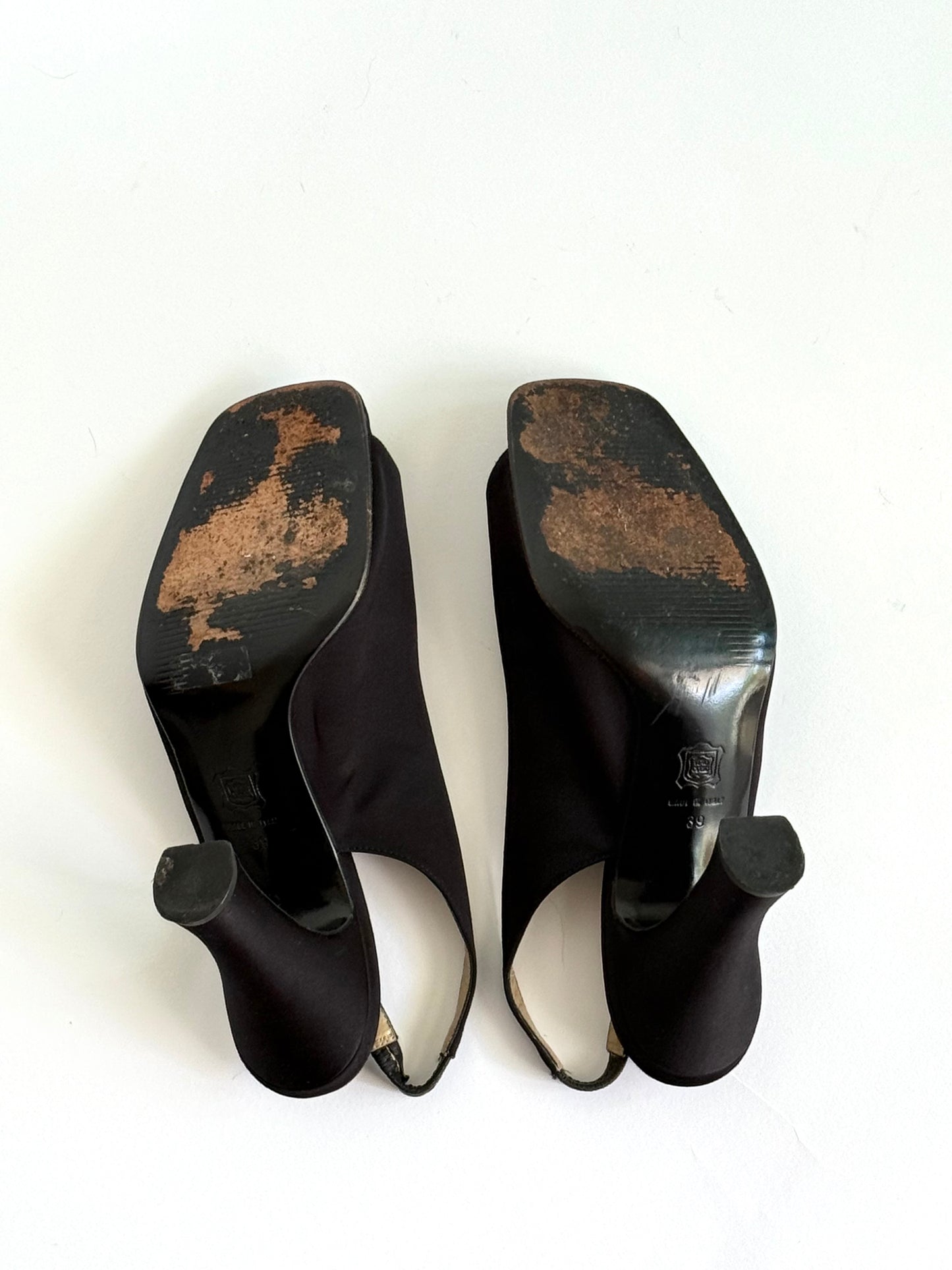 FW1996 Versace Black Satin Buckle Rhinestone Slingback Pumps (IT39 / US8.5-9)