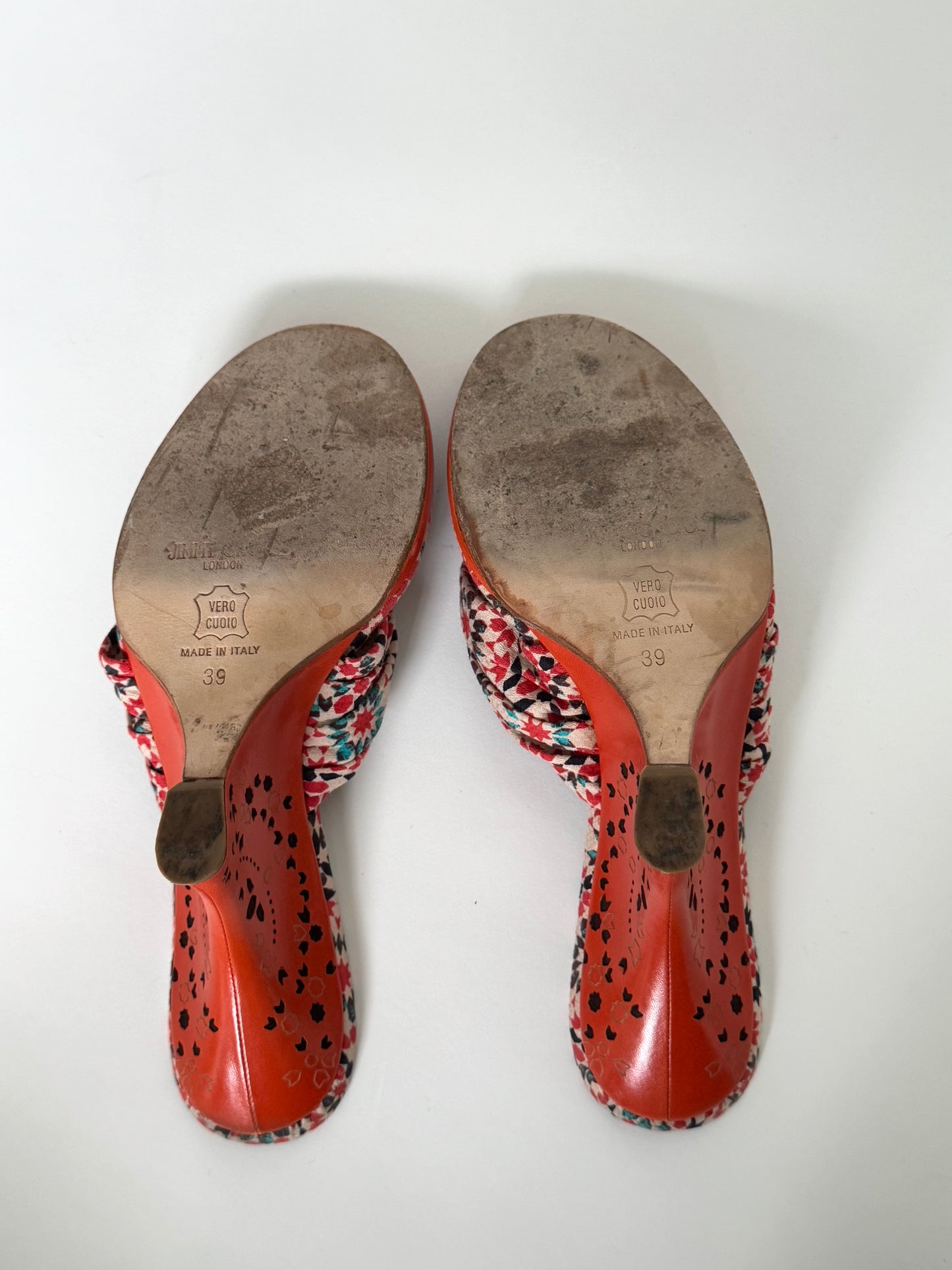 Vintage Jimmy Choo Orange and Blue Floral Wedge Sandals (IT39 / US7.5-8)