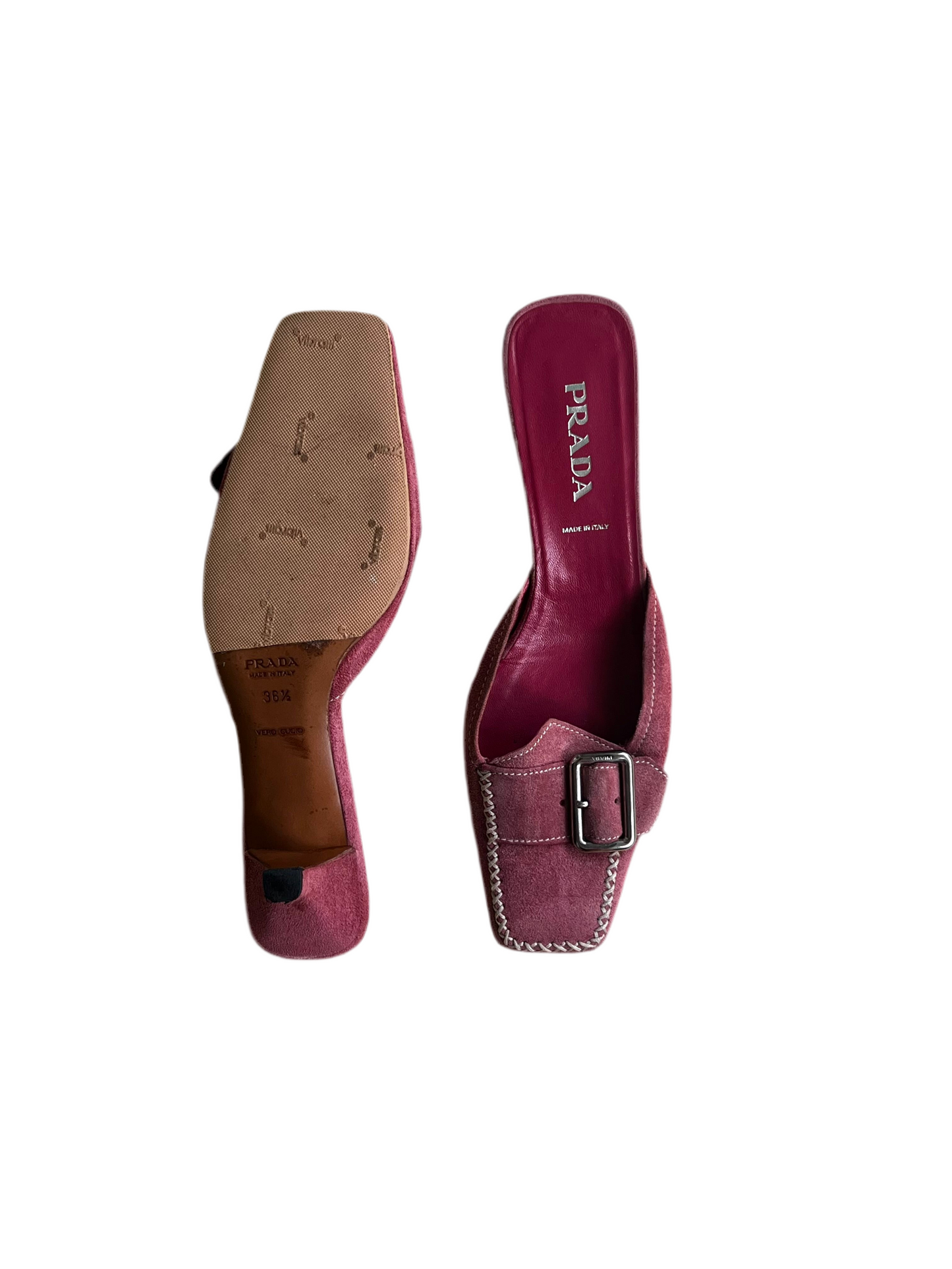 Prada Pink Suede Buckle Mules (IT36.5 / US6-6.5)