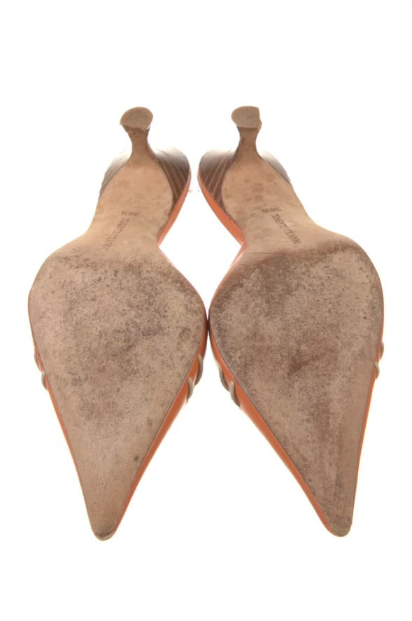 Manolo Blahnik Leather Orange Broguing Bow Mules (IT36.5 / US5.5-6)