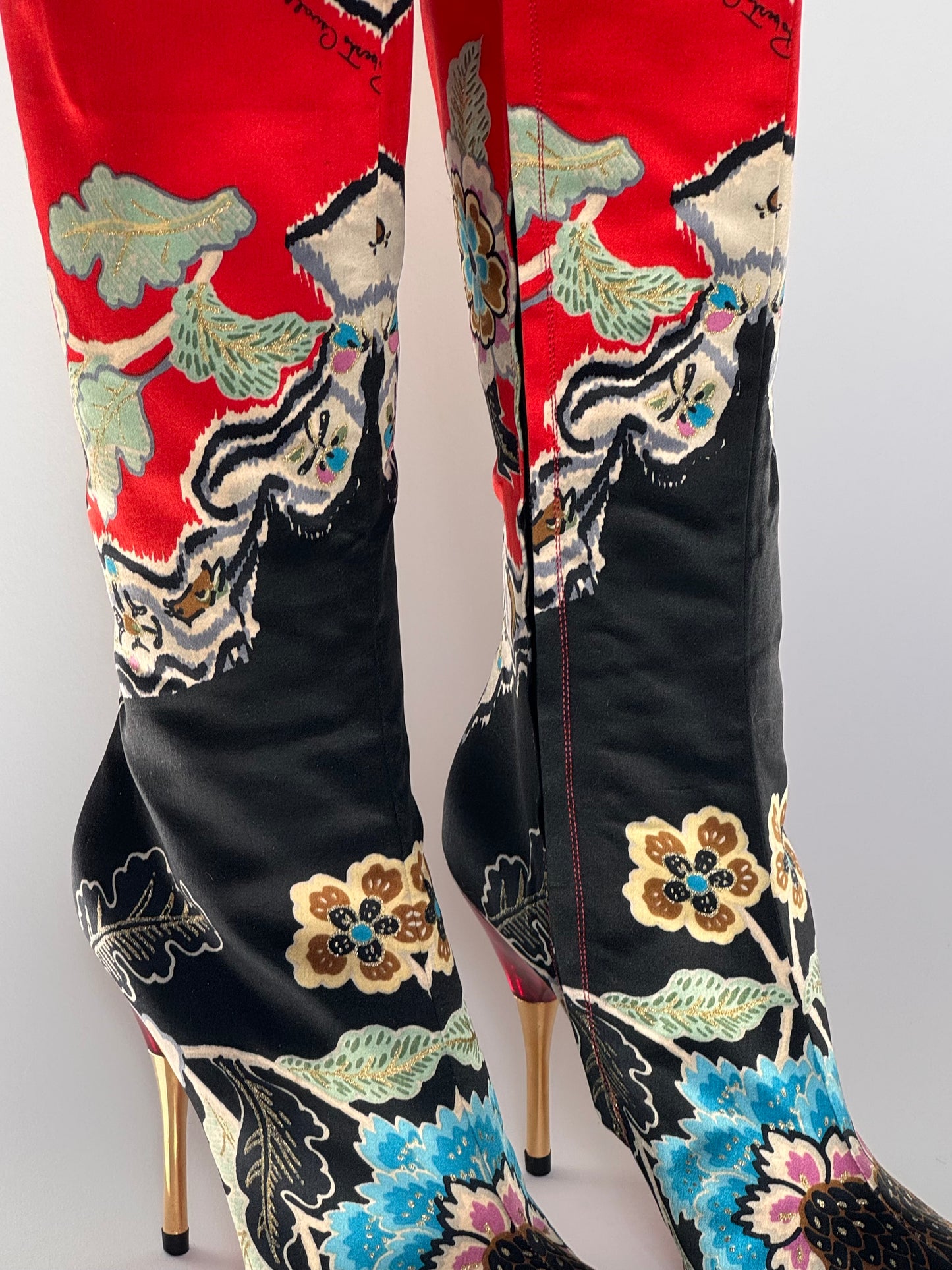 SS2003 Roberto Cavalli Chinoiserie Red Satin Boots (IT35 / US5-5.5)