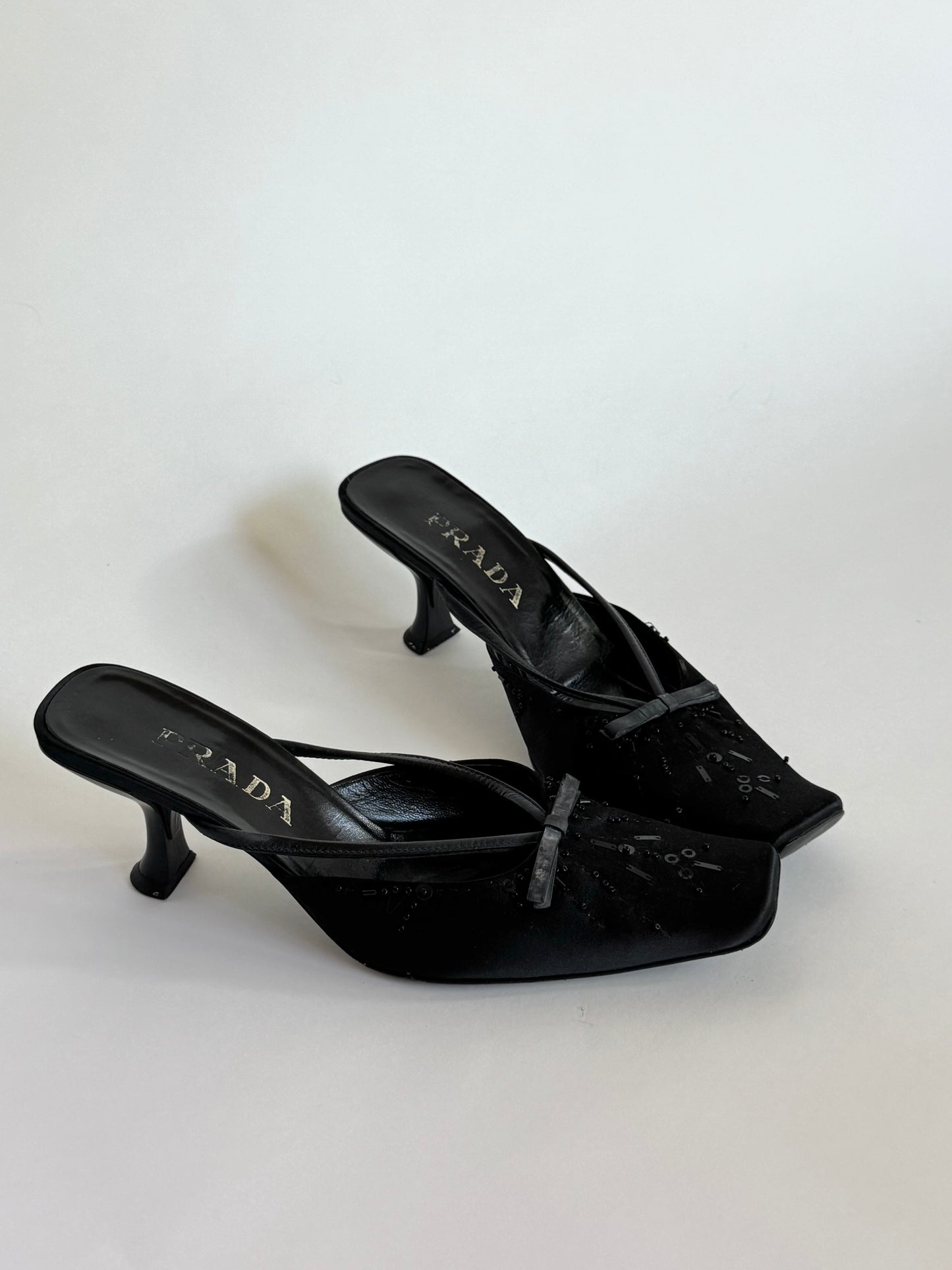 Prada Satin Beaded Black Bow Mules (IT37 / US6-6.5)