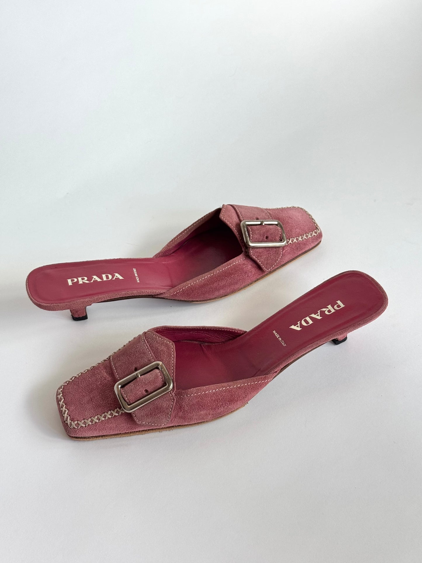 Prada Pink Suede Buckle Mules (IT36.5 / US6-6.5)