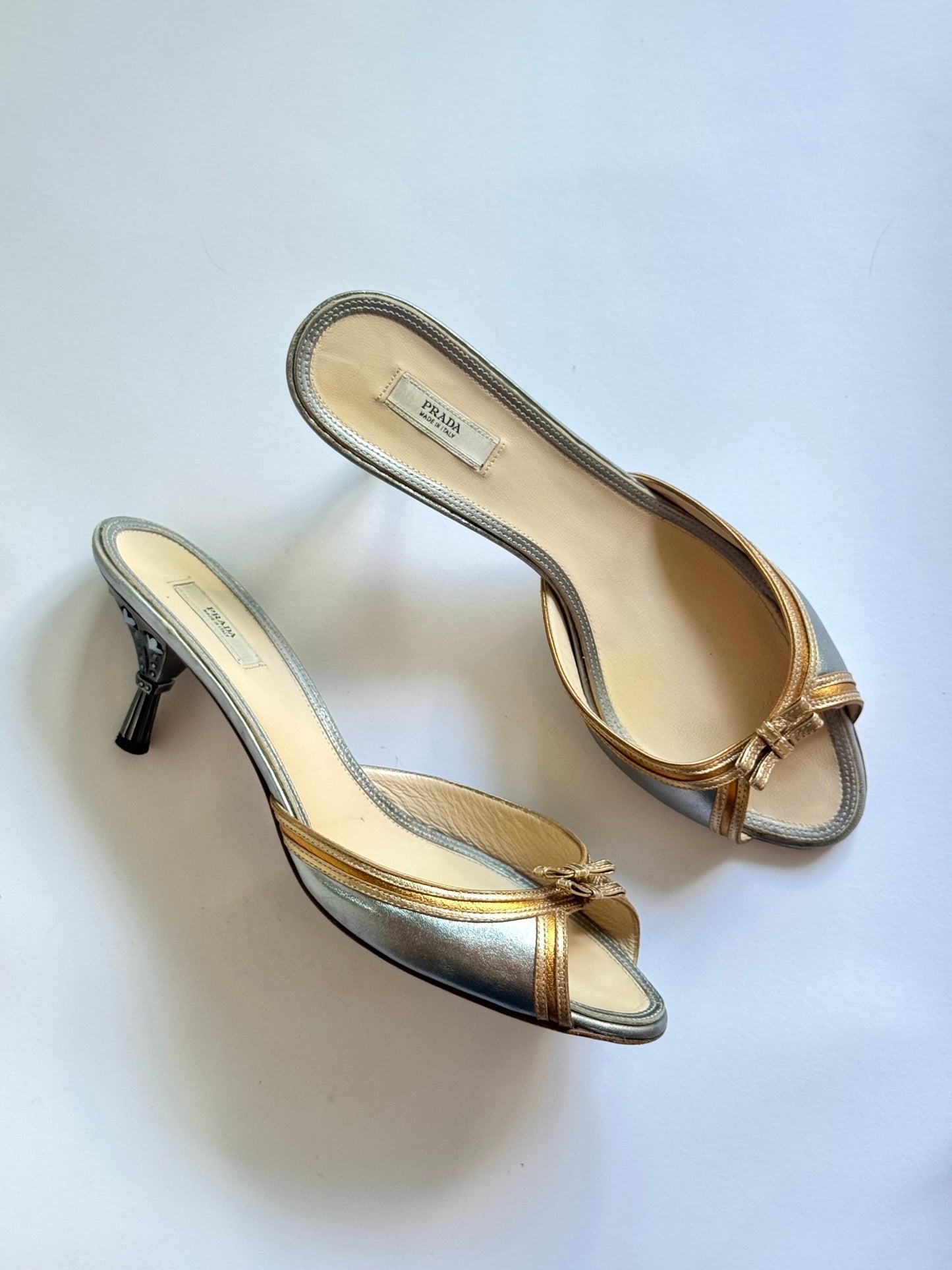 Prada Silver and Gold Bow Slides (IT41 / US10.5-11)