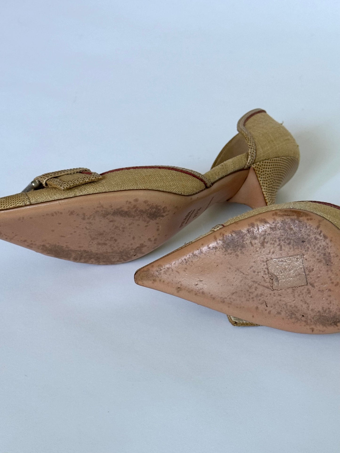 Prada Canvas/Snakeskin Beige Buckle D'Orsay Pumps (IT37.5 / US7-7.5)