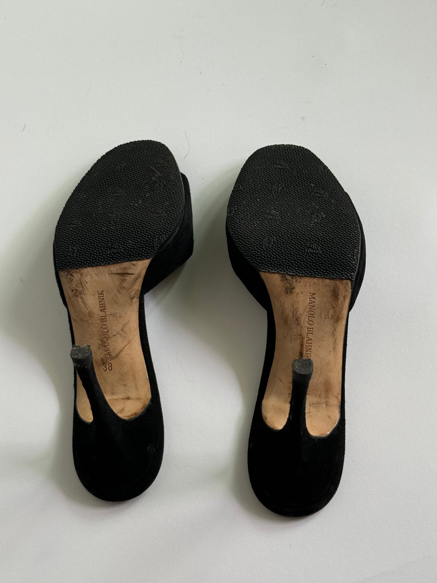 Manolo Black Suede Cutout Eyelet Black Suede Slides (IT38 / US7-7.5)
