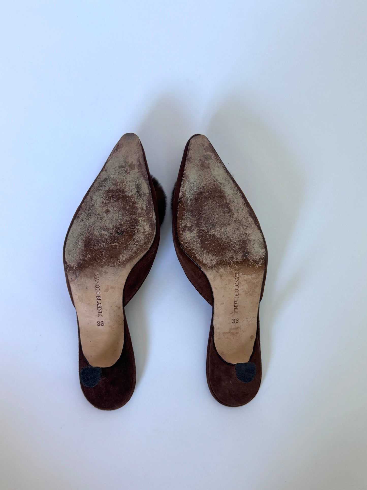 Manolo Blahnik Brown Suede Fur Rose Mules (IT36 / US5.5-6)