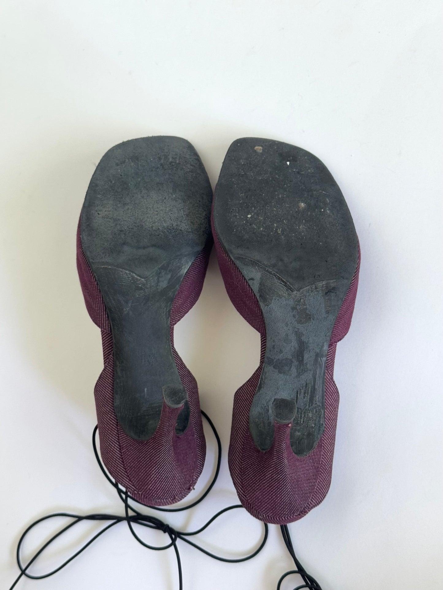 CHANEL Denim Burgundy Wrap-Up Sandals (IT37.5 / US7-7.5)