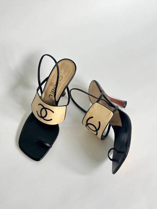 CHANEL Black and Beige CC Sandals (IT37.5 / US7-8)