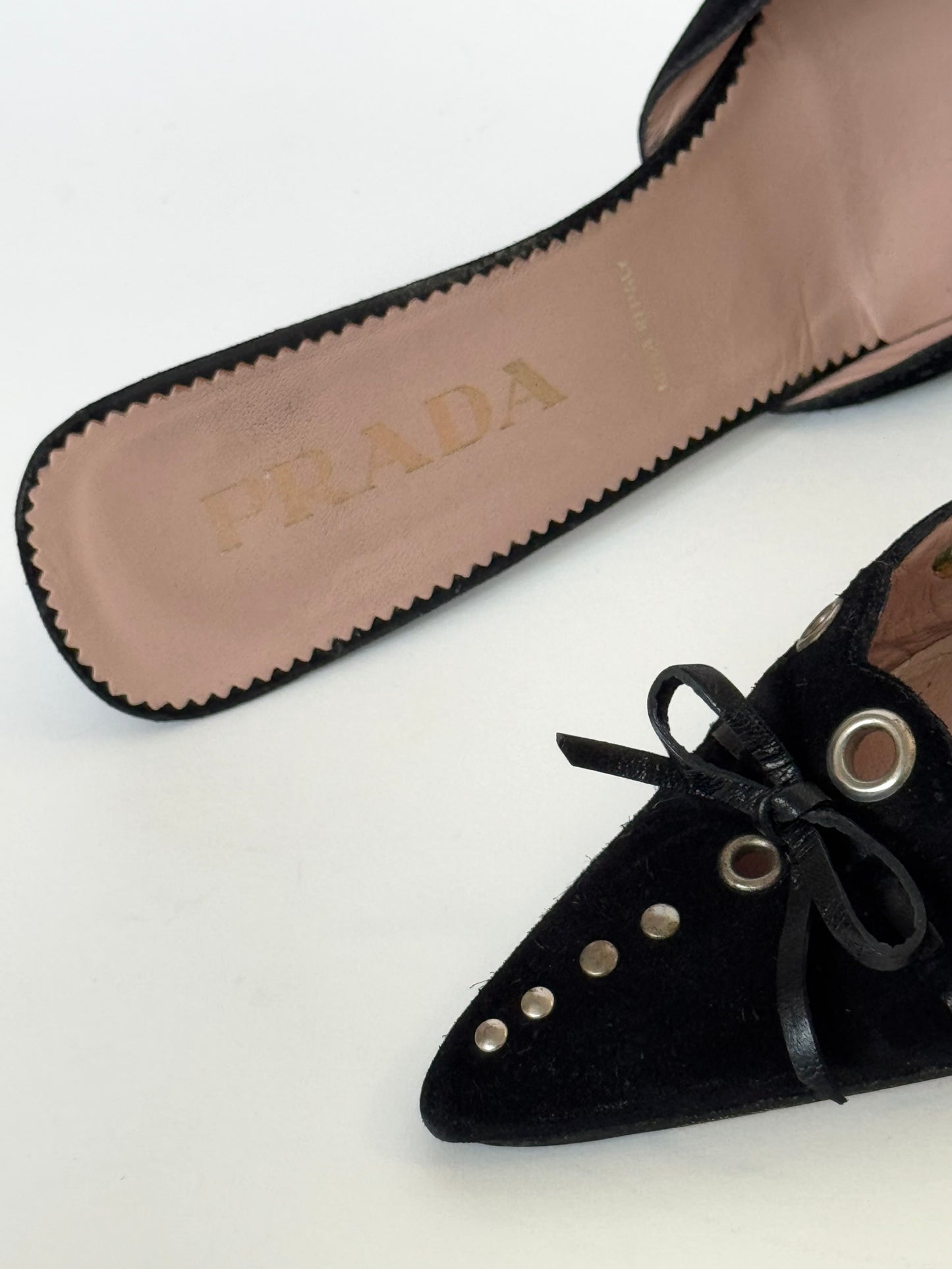 Prada Black Suede Eyelet Bow Mules (IT37.5 / US7-7.5)