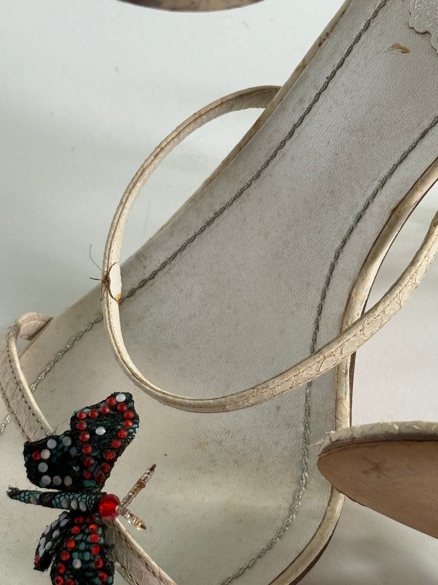René Caovilla Butterfly Crystal Embellished Snakeskin Sandals (IT38 / US7.5-8)
