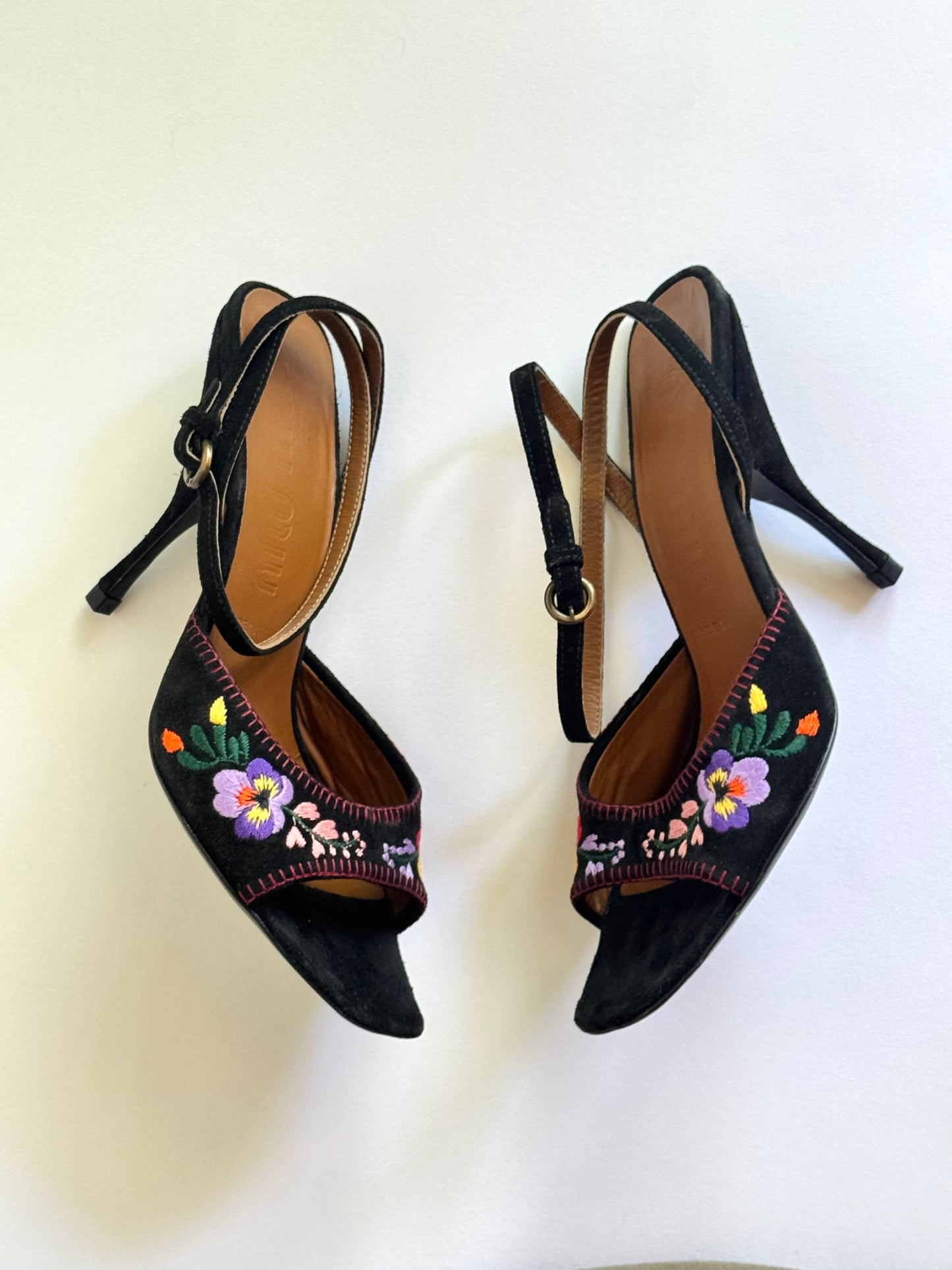 Miu Miu Floral Black Suede Embroidered Sandals (IT36 / US5.5-6)