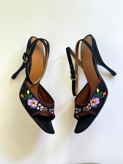 Miu Miu Floral Black Suede Embroidered Sandals (IT36 / US5.5-6)
