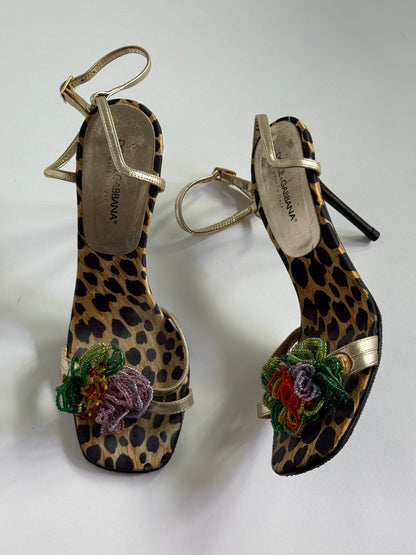 Dolce & Gabbana Cheetah Print Silk Beaded Flower Heels (IT37 / US7-7.5)