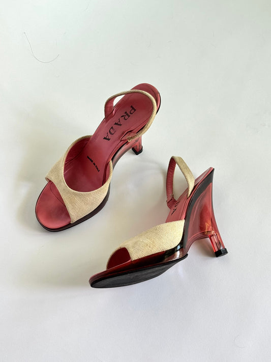 Prada SS98 Canvas Beige and Pink Lucite Wedges (US6-6.5)