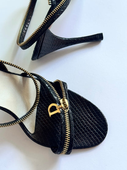 SS2001 Christian Dior Snakeskin Black Zipper Sandals (IT38.5 / US8.5-9)