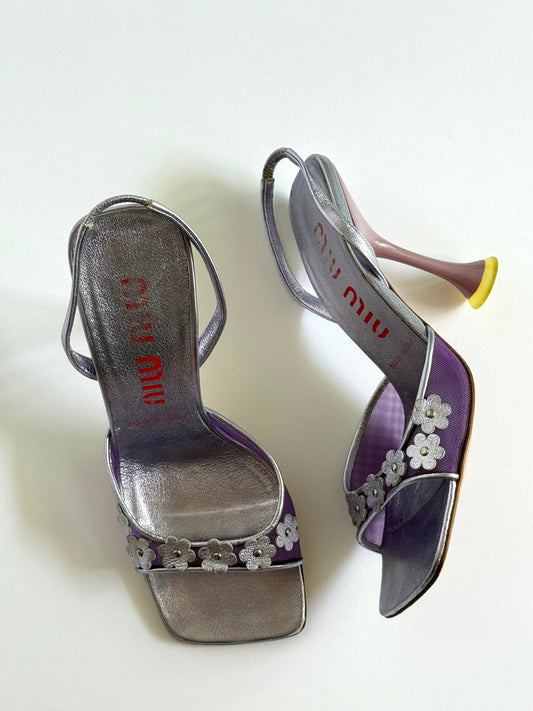 FW1999 Miu Miu Purple Floral Mesh Slingbacks (IT36 / US6.5-7)