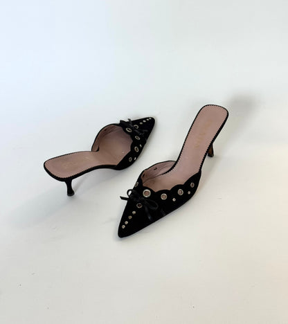 Prada Black Suede Eyelet Bow Mules (IT37.5 / US7-7.5)