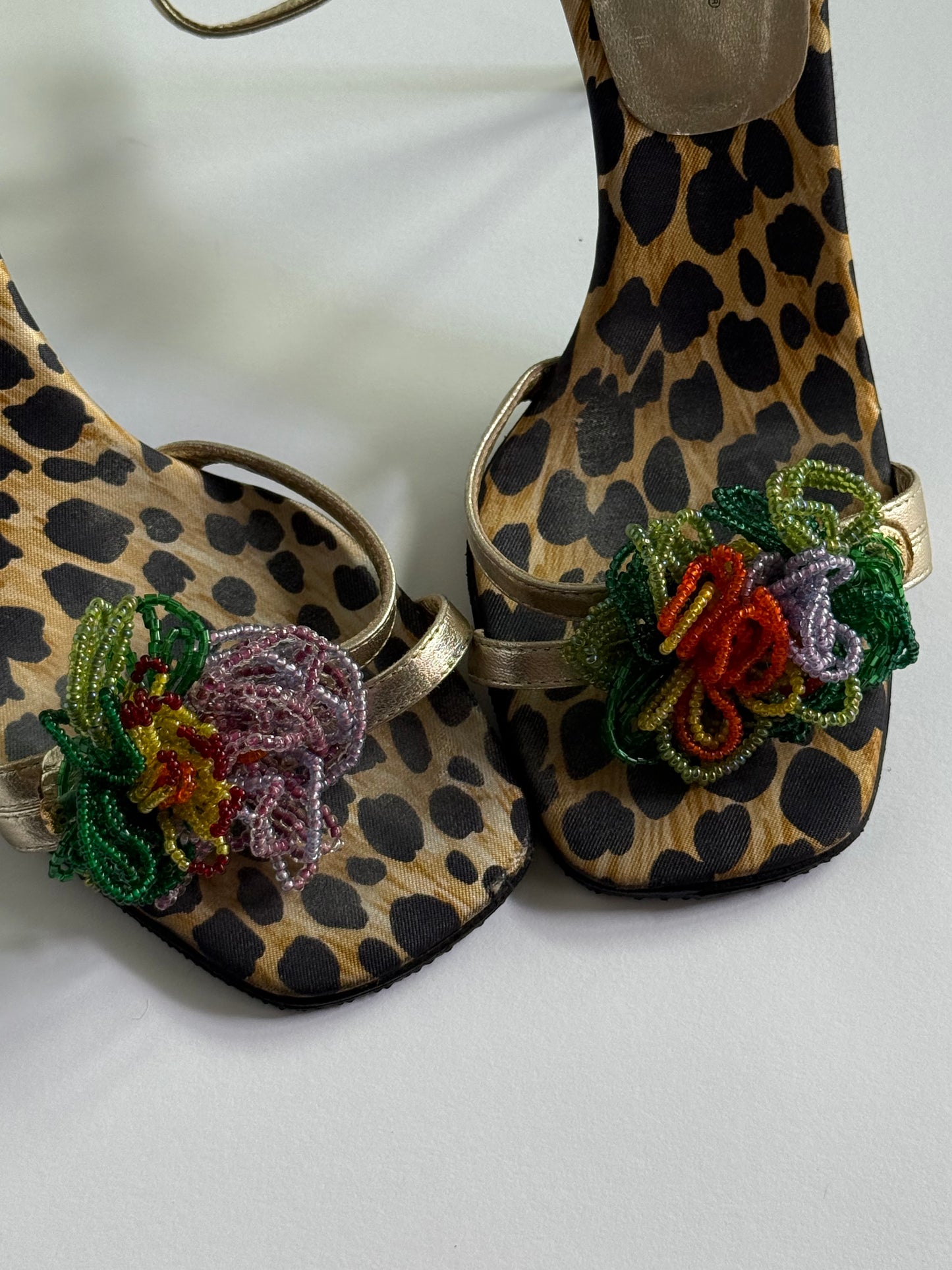 Dolce & Gabbana Cheetah Print Silk Beaded Flower Heels (IT37 / US7-7.5)