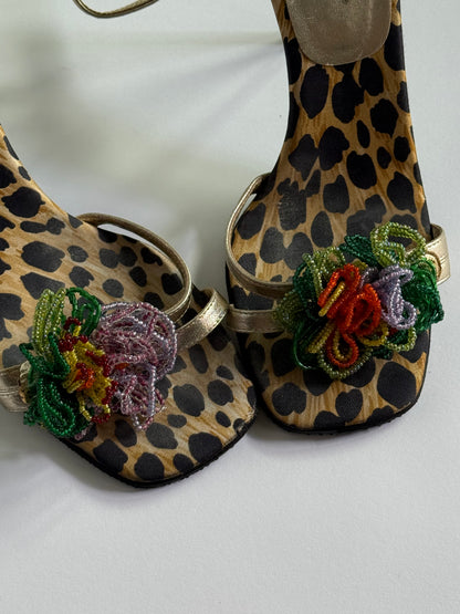 Dolce & Gabbana Cheetah Print Silk Beaded Flower Heels (IT37 / US7-7.5)