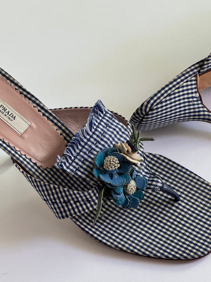 Prada Blue Gingham Floral Sandals(IT37 / US6.5-7)