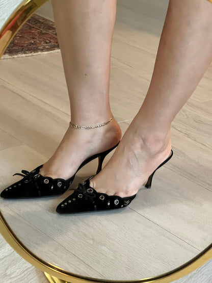 Prada Black Suede Eyelet Bow Mules (IT37.5 / US7-7.5)