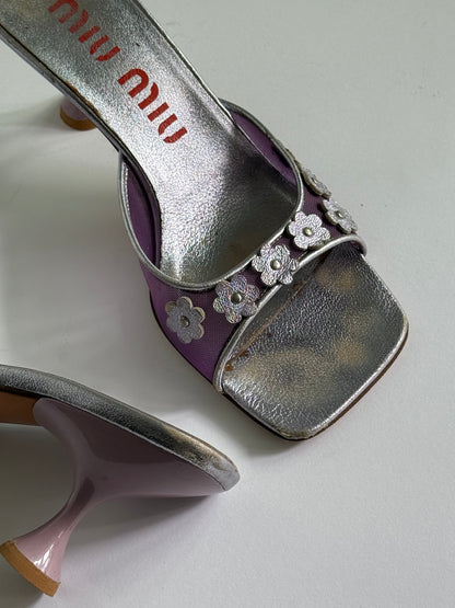 FW1999 Miu Miu Metallic Purple Mesh Floral Sandals (IT37.5 / US7-7.5)