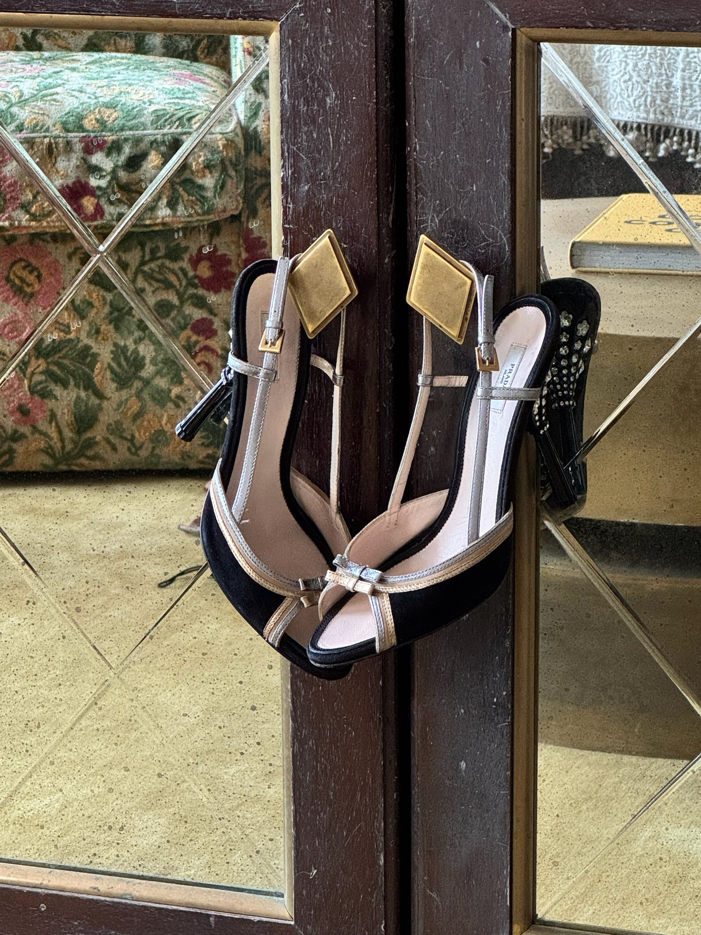 2000s Prada Silver and Gold Bow Slingbacks (IT38 / US7-7.5)