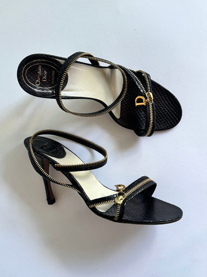SS2001 Christian Dior Snakeskin Black Zipper Sandals (IT38.5 / US8.5-9)