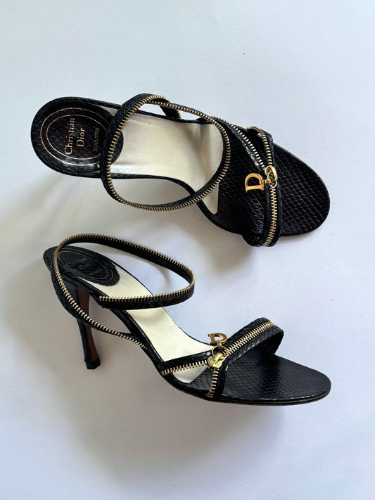 SS2001 Christian Dior Snakeskin Black Zipper Sandals (IT38.5 / US8.5-9)