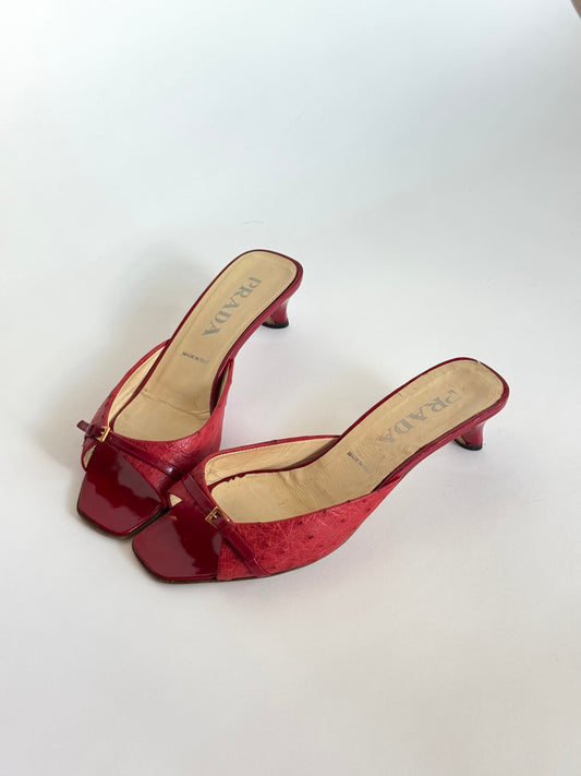 Prada Ostrich Buckle Red Slides