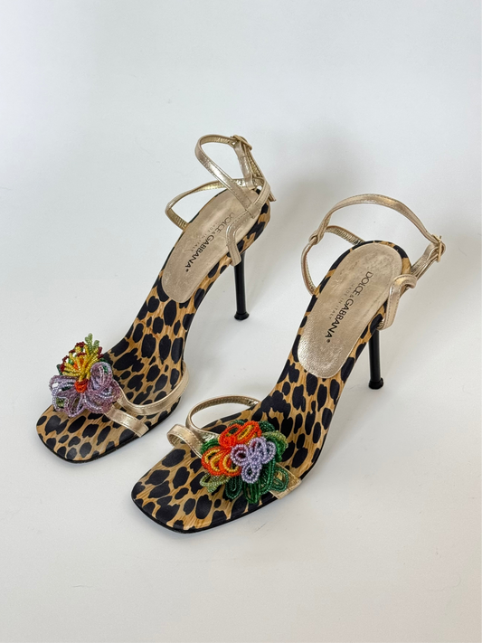 Dolce & Gabbana Cheetah Print Silk Beaded Flower Heels (IT37 / US6.5-7)