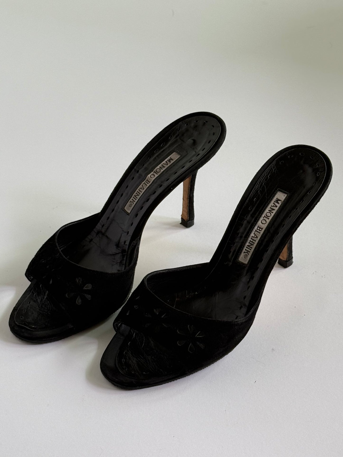 Manolo Black Suede Cutout Eyelet Black Suede Slides (IT38 / US7-7.5)