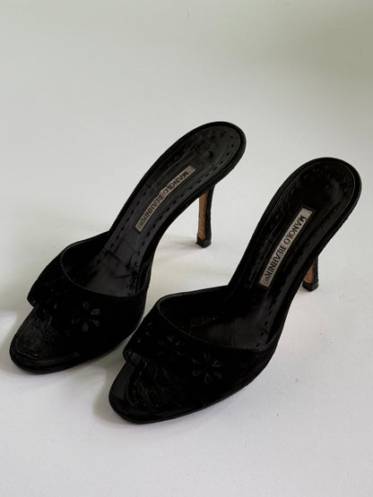 Manolo Black Suede Cutout Eyelet Black Suede Slides (IT38 / US7-7.5)